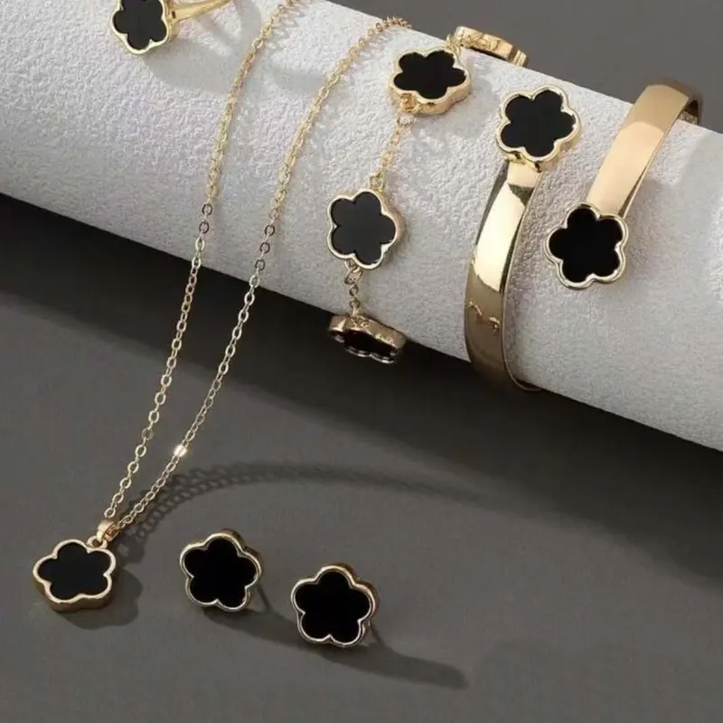 Elegant 5-Piece Matching Costume Jewelry Set for Women, Floral Necklace, Bracelet, Earrings & Ring, European Style with Unique High-End Design, Necklaces Earrings Set