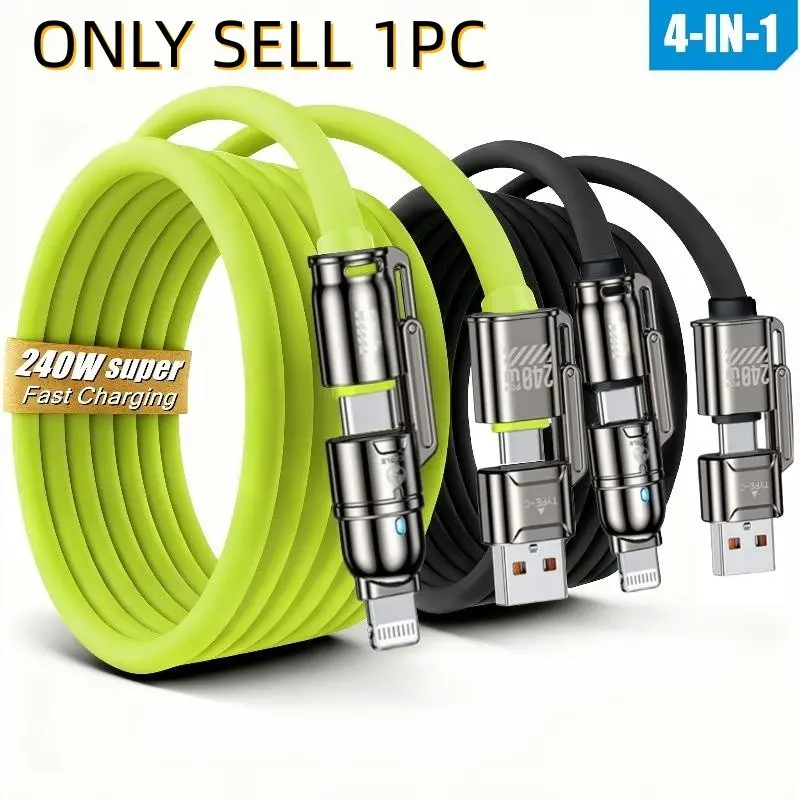 240W Super Fast Charging 4-in-1 Cable, USB-C Thicker Charger Cord with Lightning/Type-C/USB-A Combo for iPhone 17/16/15, iPad, MacBook, Samsung, LG, Moto G, Google Pixel, Xiaomi & More