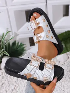 Women's Rhinestone Metal Buckle Slippers, Size 44, Dual Strap Thick Sole, Anti-Slip Durable, Streetwear Daily Wear, Height-Boosting Shoes