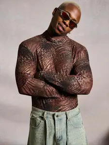 Men's Trendy Fashion Digital Mesh Leopard Print Sequined High Neck Long Sleeve T-Shirt, Casual Streetwear, Loose-Fitting, All Seasons