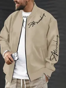 Trendy Men's Signature Stamp Pattern Baseball Jacket, Casual Loose-Fitting Long Sleeve Outerwear, All Seasons Street Style Coat