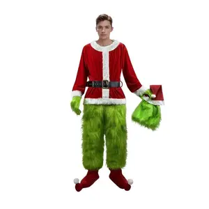 Men's Green Furry Monster Christmas Costume with Hat & Gloves Loose Fit Elastic Free Outfit Soft Furry Material Round Neck Sleeveless Design for Holiday Parties Themed Events Playful Monster Costume for Adults FM9160449 Menswear Clothes Womens Wool Felt W