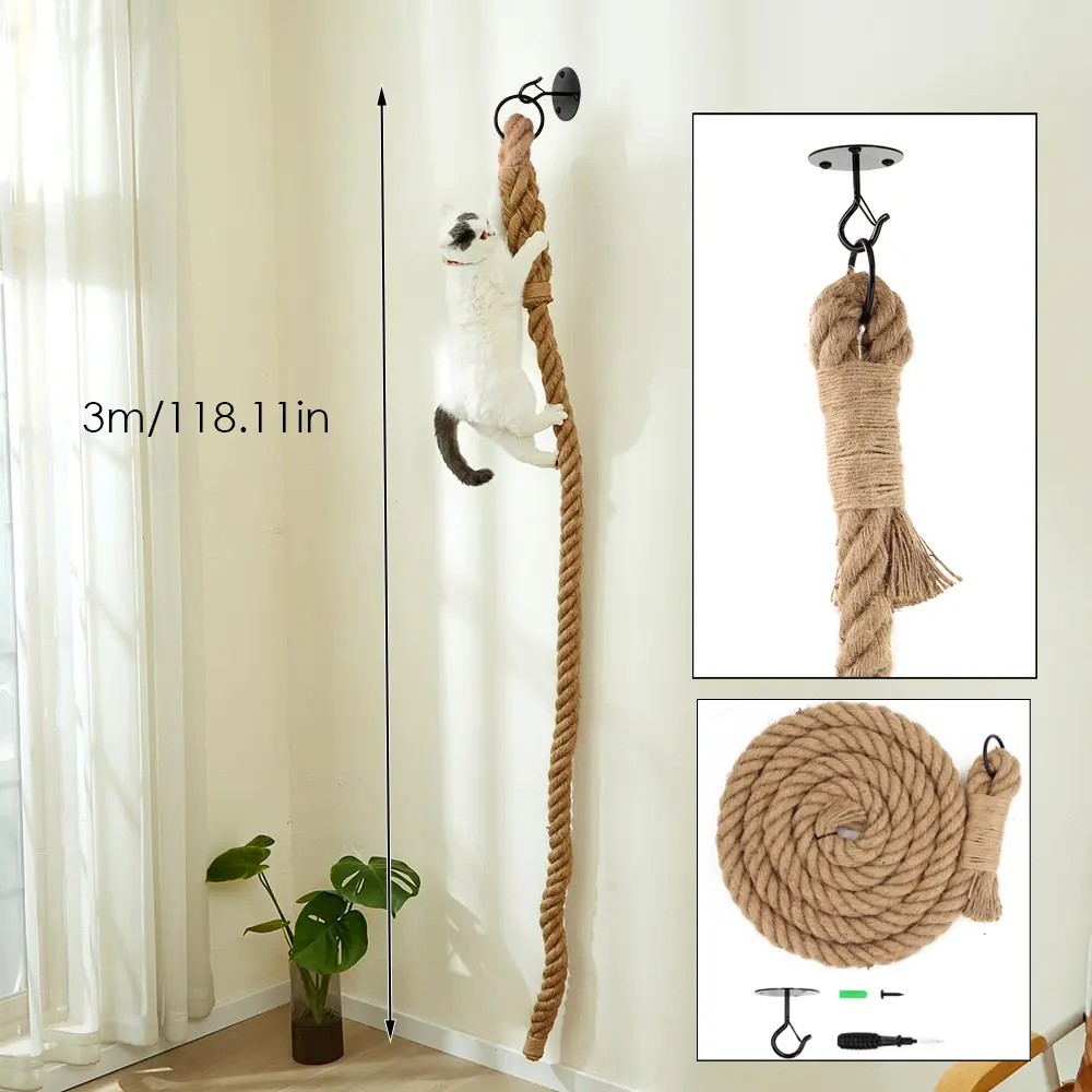 Wall Mounted Cat Climbing Rope 3m Scratching Post with 300cm Jute Rope for Indoor Cats Minimalist Cat Tree & Toys Contemporary Wood Design Vertical Scratcher Home #SummerSale