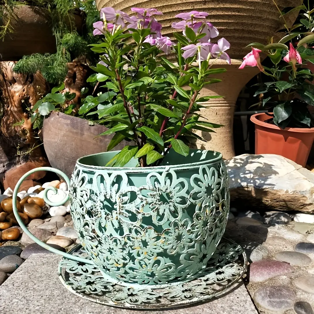Coffee Cup Flower Pot Country Style Metal with Hollow Flower Design, Lightweight for Indoor and Outdoor, Dual-Use Iron Decorative for Courtyard Gate, Corridor, Terrace, Vase, Home Decor, Anniversary Gift, vintage christmas decor Planter Pots Garden Plante