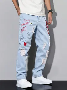 Jeans For Men Ripped Straight Leg Blue Denim Pants Streetwear Slim Fit Menswear Stylish Casual Trousers Fashion Y2k Clothing Suitable For All Seasons