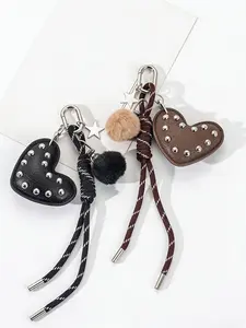 Studded Heart Bag Charm Faux Leather Hearts + Pom-Pom Star Accents Sweet And Edgy Style Streetwear Style Simple And Versatile Bag Charm Keychain For Bags, Keys, And Earphone Cases Gifts For Friends & Couples Bag Charms Accessory Purse Accessories