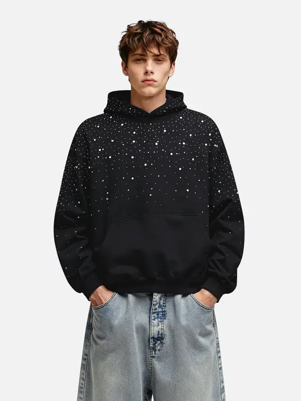 Aelfric Eden Starry Rhinestone Hoodie Dense Rhinestone Embellishment Rhinestone Brim Lettering Oversized Fit Unisex Vintage Streetwear Hoodie