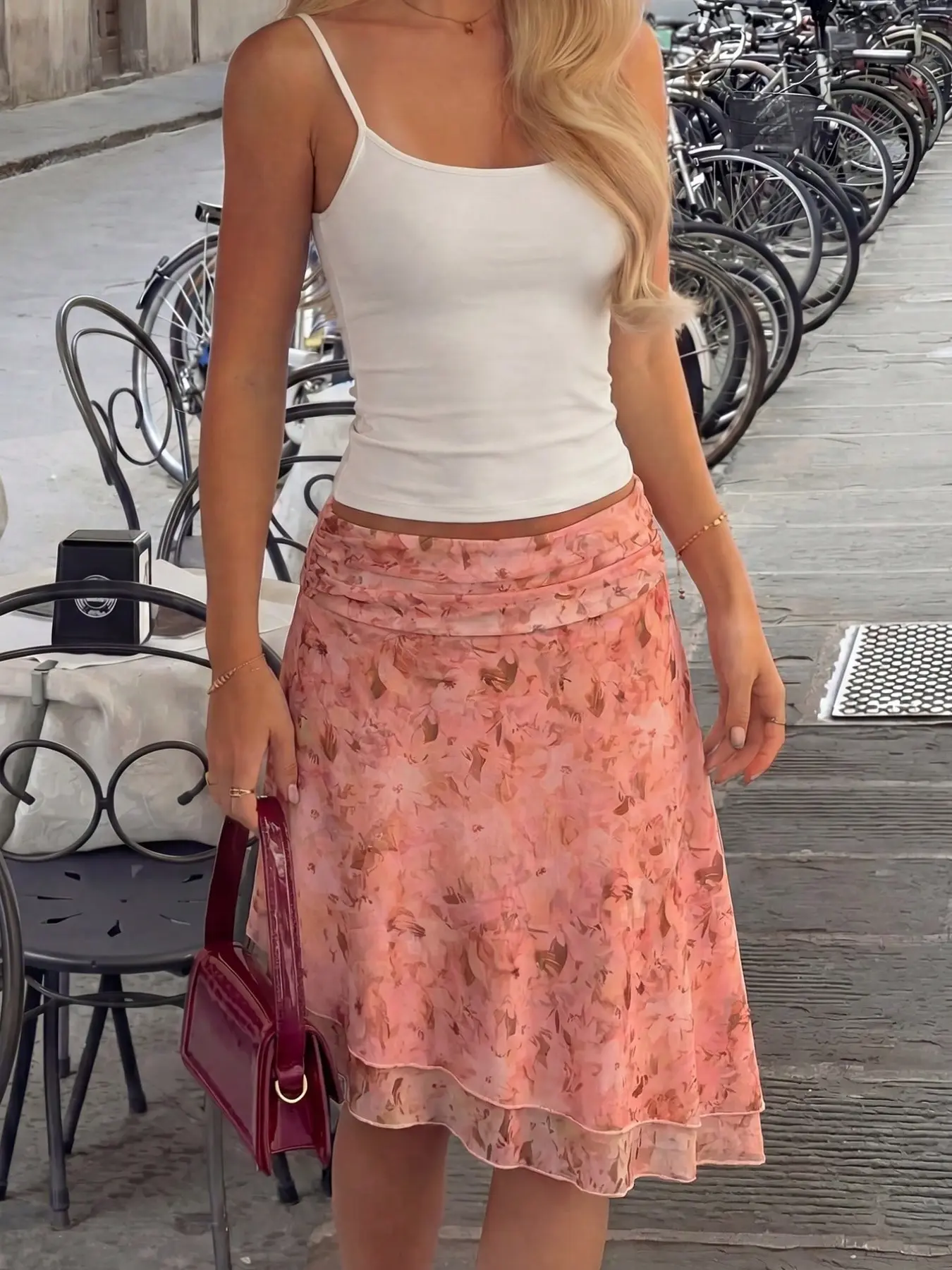 Women's Vacation Ditsy Floral Print High Waist Ruched Asymmetrical Hem Fitted Skirt, Elegant Boho Bohemian Half Skirt for Summer, Stylish Casual Women's Fashion, High Waist Skirts
