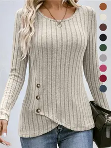 Women's Plain Buttons Asymmetrical Hem Wrap Knit Top, Casual Long Sleeve Round Neck Top for Spring & Fall, Women's Knitwear, Please Purchase A Size Up