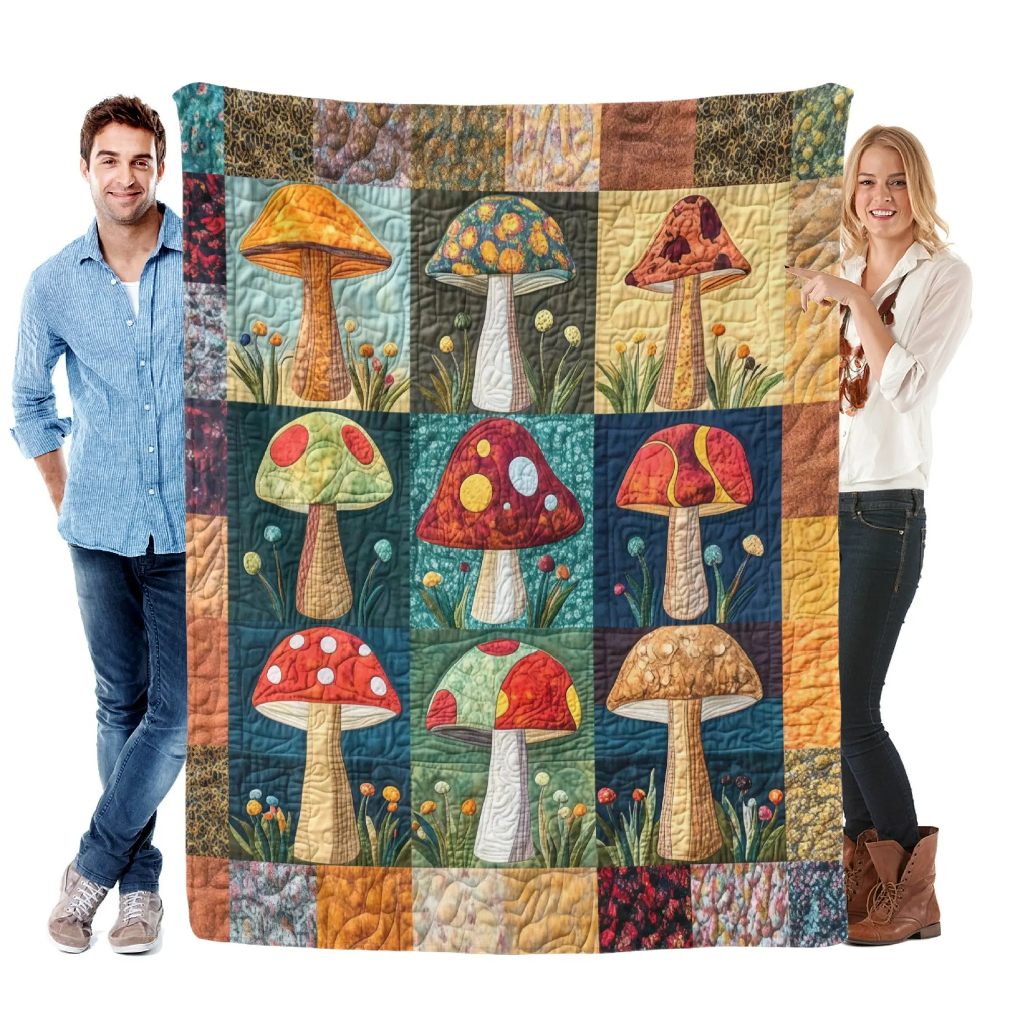 Vintage Patchwork Mushroom Cottagecore Flannel Throw Blanket, Lightweight Ultra Soft Fuzzy Plush Blanket for Couch Bed, All Season Cozy, Aesthetic Gift for Plant Lovers Boho Cottage Decor