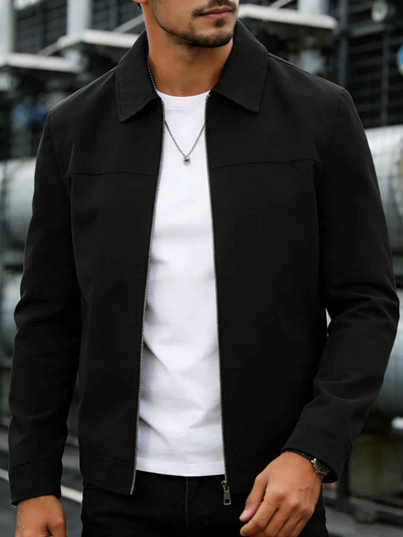 Men's Spring & Fall Casual Jacket, Long Sleeve, 100% Polyester, Zip Closure, Lightweight Business Style, Easy Care, Plain Design