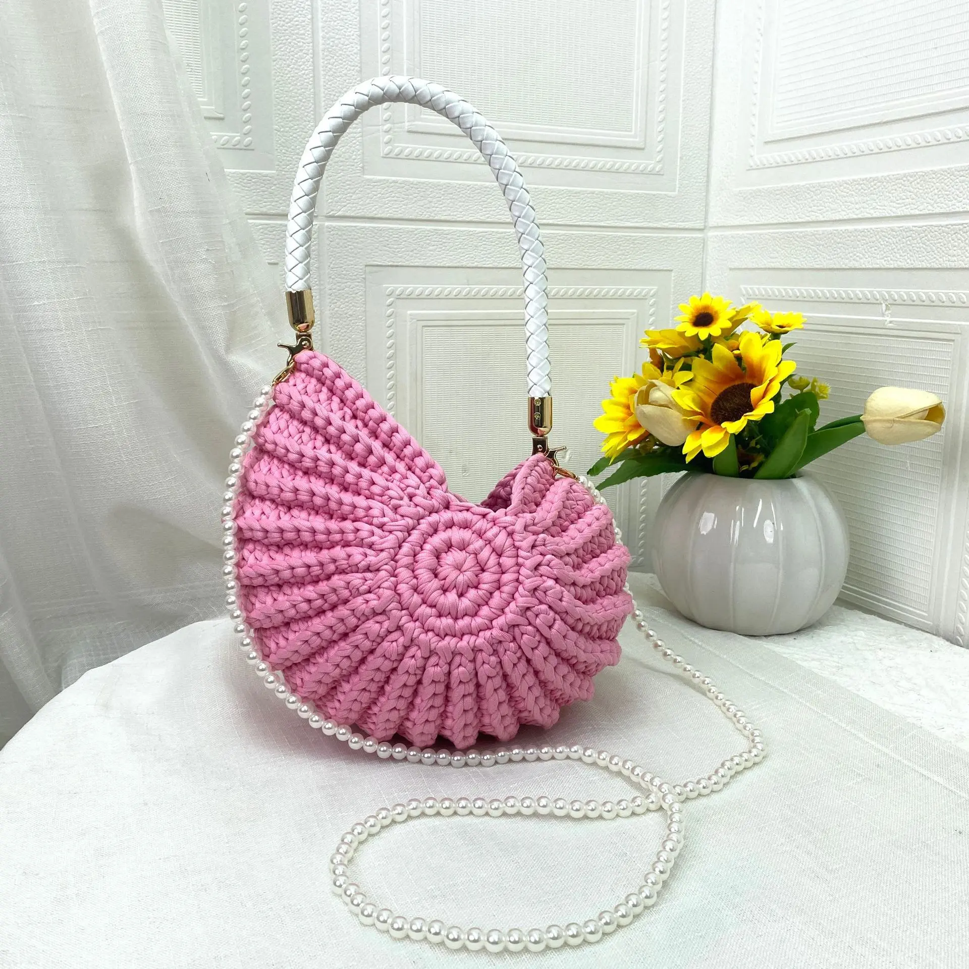 Women's Crossbody Bag Boho Crochet Seashell Pearl Chain Handmade Knit Design Summer Travel Festival Coastal Outfit Resort Wear Daily Use, Fashion Crossbody Bags, Handbag Shoulder Bag