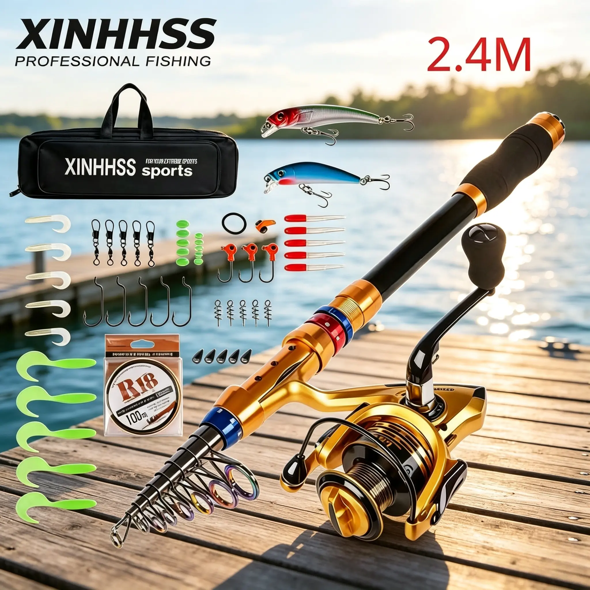 XINHHSS Telescopic Fishing Rod Complete Set, Spinning Reel With Fishing Line, Lures, Hooks & Tackle, Portable Travel Fishing Gear Kit With Carry Bag For Lake River Sea Fishing gift