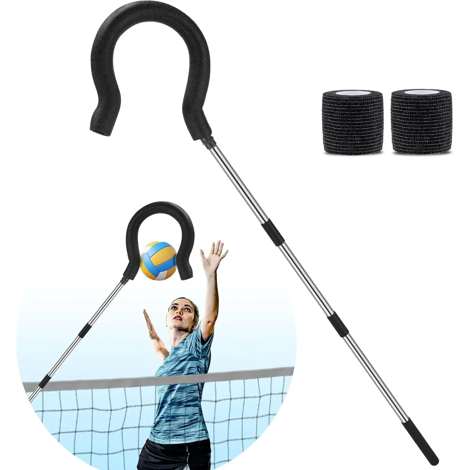 Volleyball Spike Trainer for Youth & Adults, Portable Leather & Foam Hitting Equipment with Adjustable Height and Question-Mark Hook for All Volleyballs, Lightweight, Parks