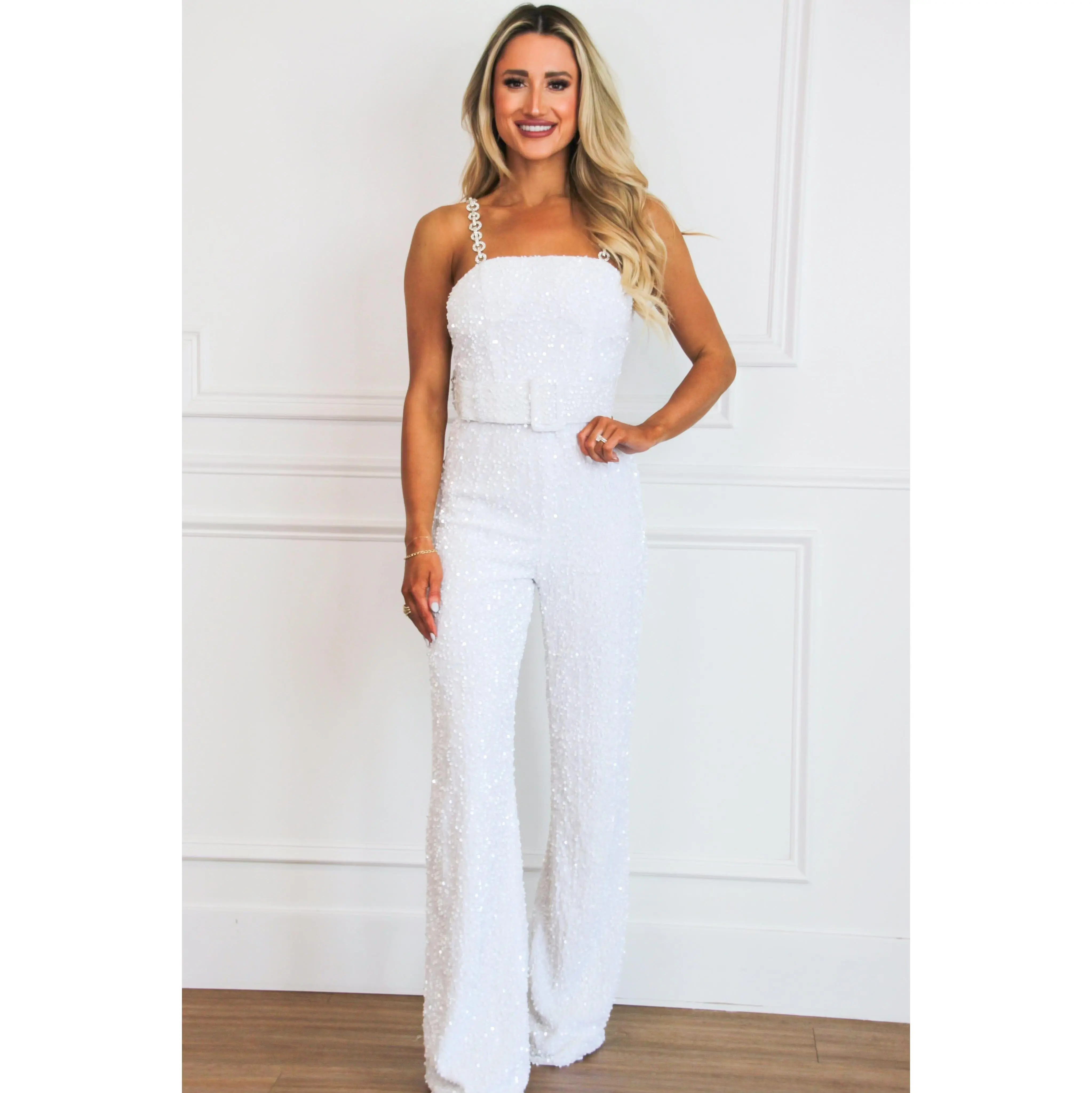 Nadine Embellished Strap Sequin Belted Jumpsuit: White