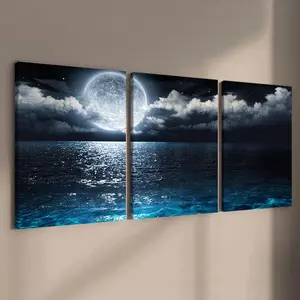 Wooden Framed Canvas Painting, 3 Counts/set Seaside Landscape Decorative Painting, Ocean Inspired Design, Modern Art for Home Living Room Bedroom Office Decoration, Wooden Wall Art