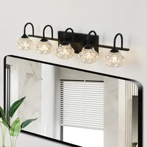 29" Retro 5-Light Bathroom Vanity Light Fixture - Black Finish with Crystal Glass Shades, Wall Mounted Lighting for Bathroom, Powder Room, and Vanity Mior (No Bulbs)
