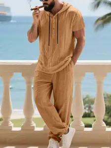 Men's Casual Linen Hoodie Set, Fall Fashion Loose Fit Short Sleeve Henley Shirt & Long Pants, European Style Comfortable, Casual Outfit Set, Casual Suit Set