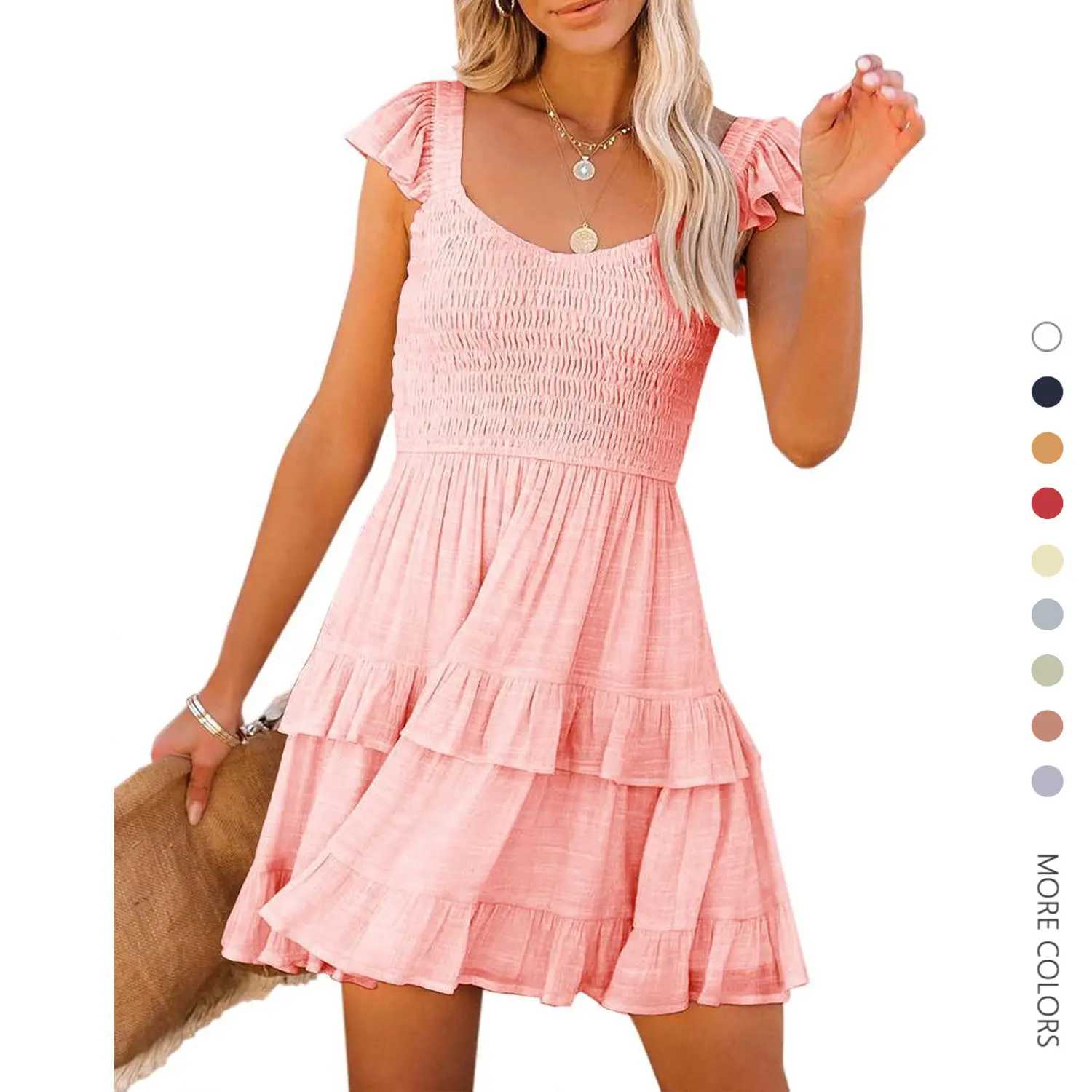 Women's Casual Smocked Mini Dress - Backless A-Line with Ruffle Cap Sleeves, Tiered Flowy Summer Outfit for Juniors, Sleeveless, Cute, School, Soft, Lady, Lightweight, Girls, Comfortable, Cute Trendy Clothes, Teen