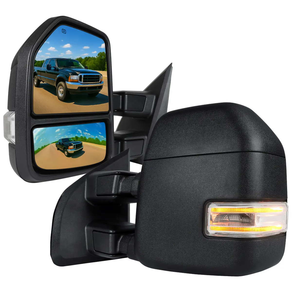1999-2016 Ford F-250/F-350/F-450 Power Adjustable, Heated, & Manual Extendable Towing Mirrors w/ Clear Lens LED Turn Signal & Clearance Lights