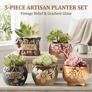 Hand-Painted Succulent Pots 5-Pc Ceramic Planter Set 3.5 in Diameter 2.4 in Height Two-Tone Thumb Pot Set for Plants