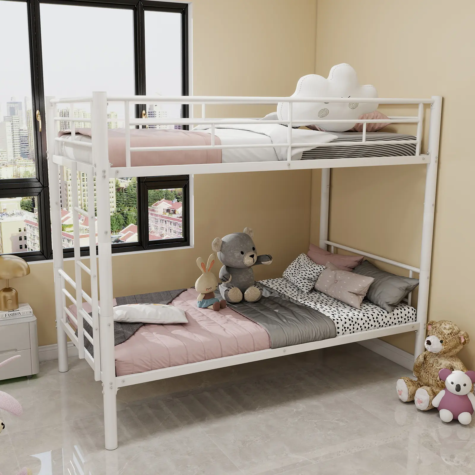 Twin Over Twin Heavy-Duty Metal Bunk Bed, Convertible Beds with Ladder & Guardrail, No Spring Box Required, White