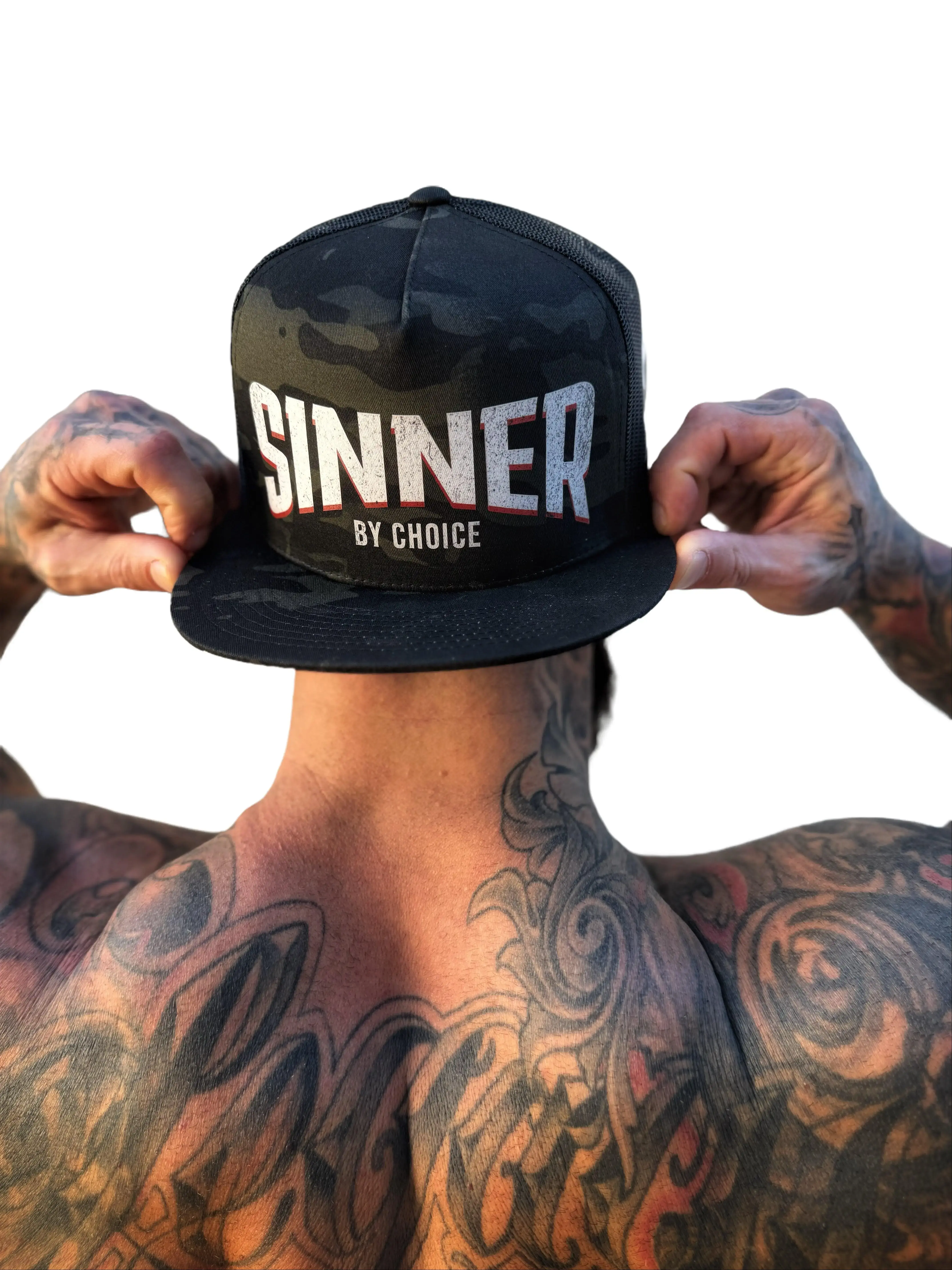 TheDriveClothing Sinner Flaming Black Camo Snapback Cap - Mesh Back Graphic Trucker Hat, Adjustable Baseball Cap with White Print & Skull Flame Design, Stylish Streetwear Camo Hats for Men