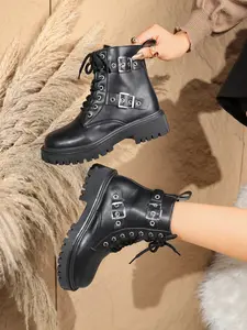 Elegant Women's Platform Combat Boots, Slip-Resistant Rubber Side Zipper Lace-Up Short Booties, Perfect for Daily Wear & Outdoor Adventures