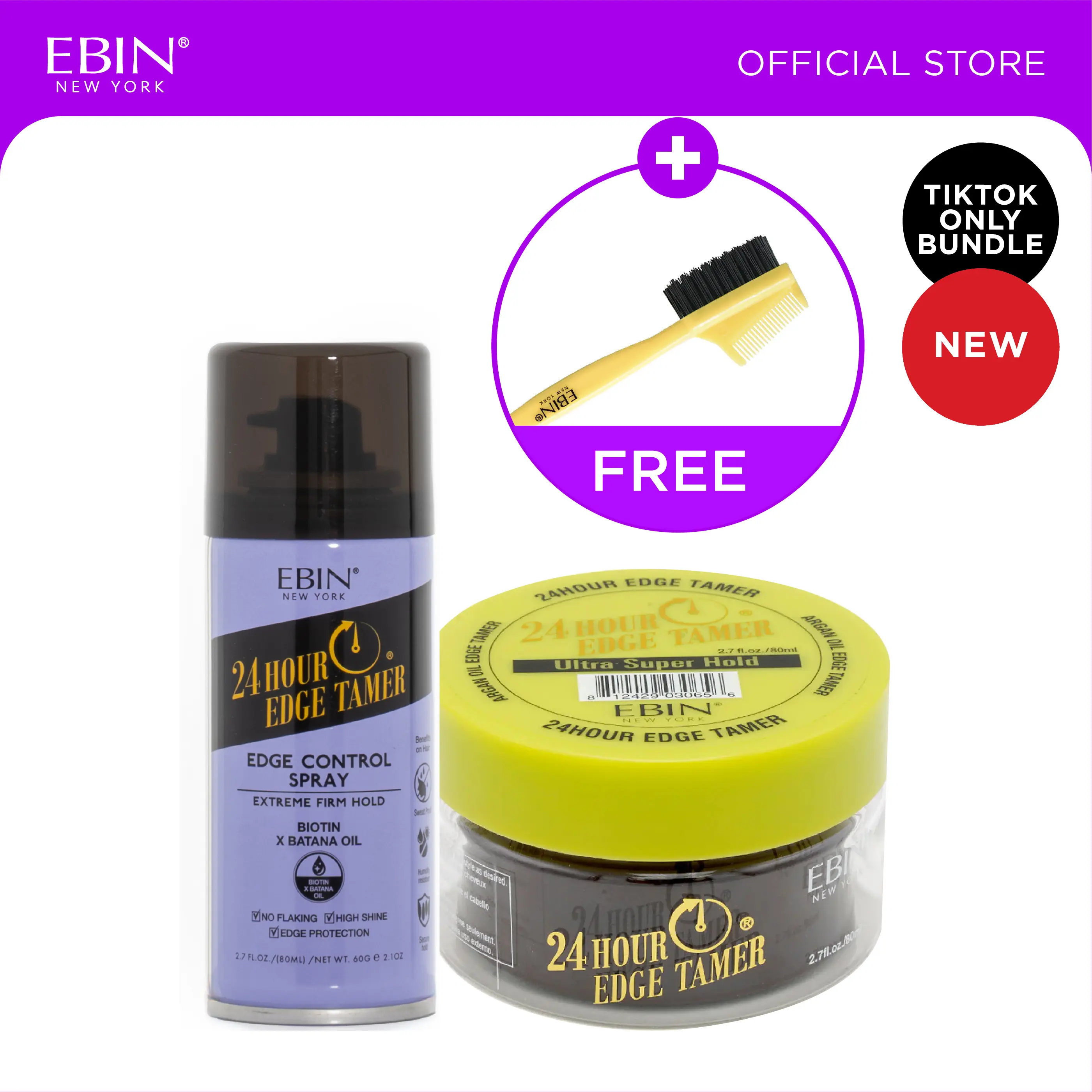 EBIN 24hr Edge Control (Super hold) + Edge Control Spray bundle with Free Edge Brush | Extreme hold, Shine boosting, lightweight moldy