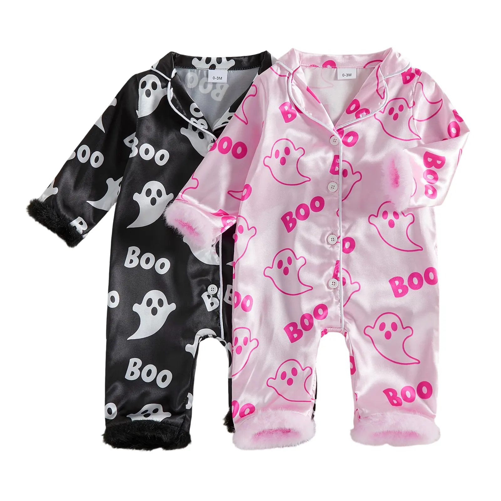 Infant Halloween Baby Girls Pajamas Long Sleeve Ghost Print Furry Patchwork Button Jumpsuit Sleepwear Loungewear 0-18 Months