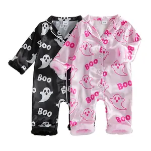 Infant Halloween Baby Girls Pajamas Long Sleeve Ghost Print Furry Patchwork Button Jumpsuit Sleepwear Loungewear 0-18 Months