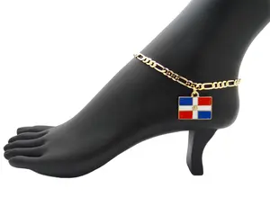 BA UNIQUE FASHION Dominican Republic Flag Charm Figaro Chain Ankle Bracelet 14K Gold Plated Women's Foot Jewelry 5mm 10" Chain