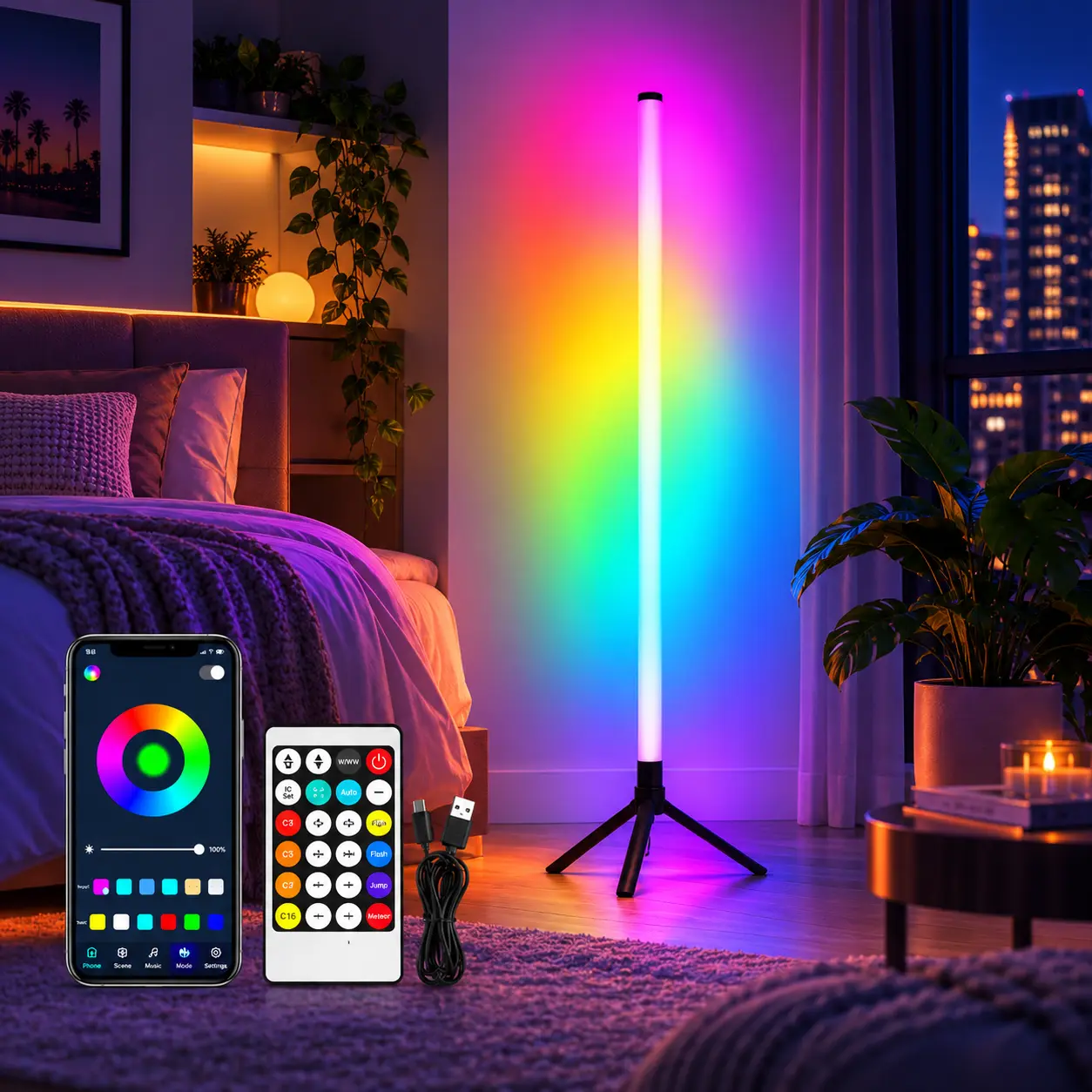 1PC/2PCS RGBIC Corner Floor Lamp, Sound-Reactive Music Sync LED Room Accent Light with App & Remote Control, Layered Color Effects, Dimmable Brightness and Timer for Bedroom, TV Lounge & Gaming Room