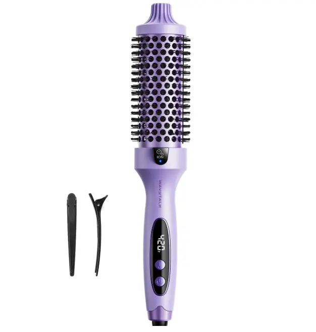 Wavytalk 1.5" Thermal Round Heat Brush for Salon & Daily Smooth Blowout Look, Adjustable Negative Ion Tourmaline Ceramic Brush with 5 Temperature Settings, Dual Voltage, Less Damage (Purple)