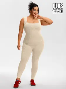 Women's Plus Size Knit Ribbed Solid Color Bodysuit, Workout Jumpsuit, Tight-Fitting Yoga Set, Square Neck Sleeveless Top & Long Pants, All Seasons Sportswear