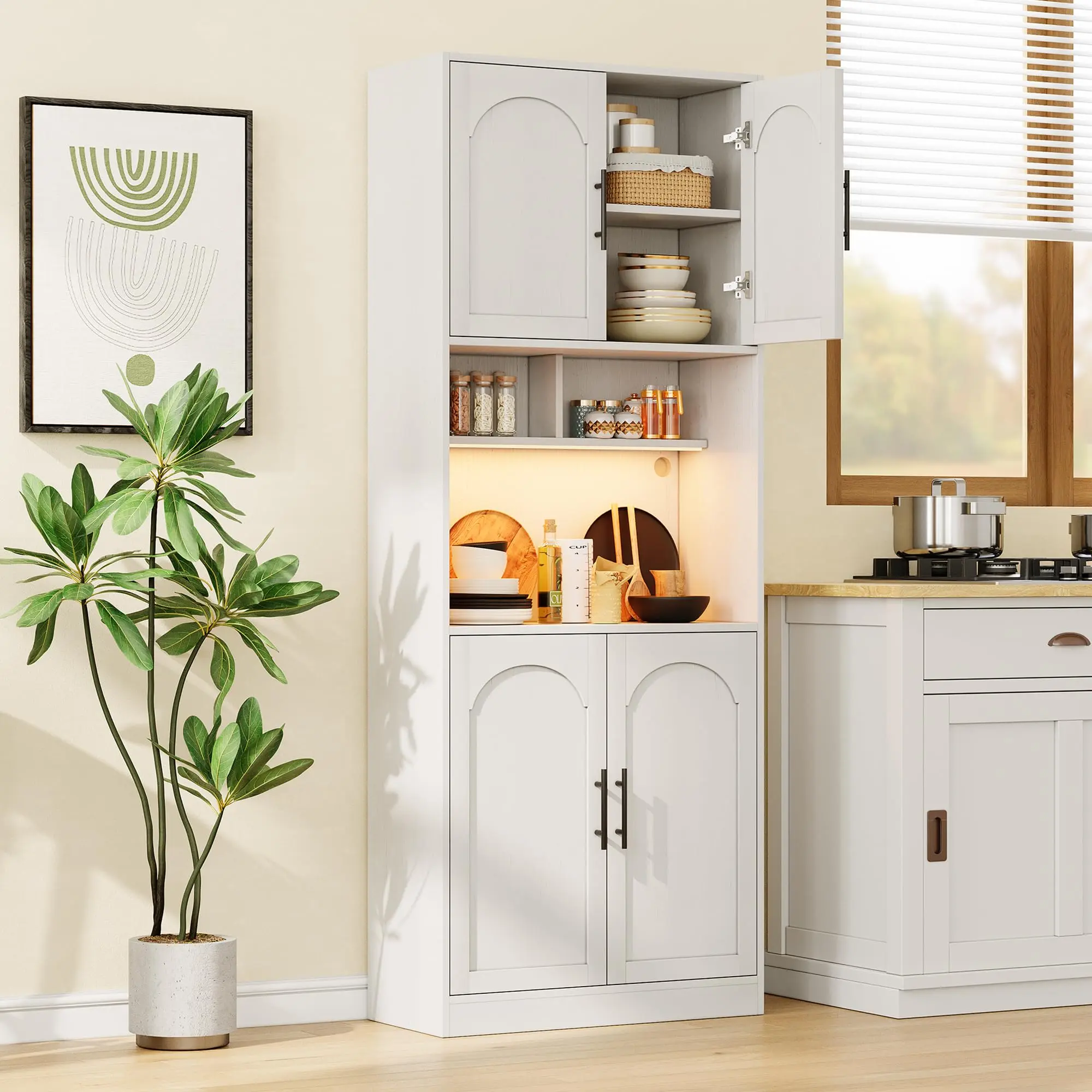 【GARVEE】Kitchen Pantry Cabinet with RGB Light, Tall Kitchen Hutch Bar Cabinet with Microwave Stand, Farmhouse Large Wood Storage Cabinet with Barn Doors & 2 Open Shelves, Cupboard for Dining Room, White