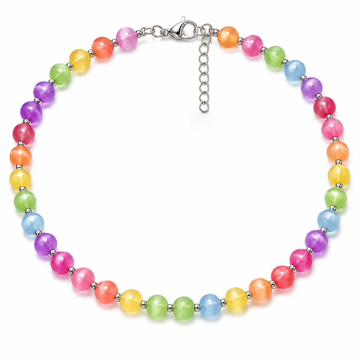 Women's Teens Stainless Steel Beaded Choker Necklace - Dopamine UV-Reactive Color-Changing Resin Rainbow Beads, Adjustable Lobster Clasp, Boho Cool Alternative Necklaces, Boho Necklaces