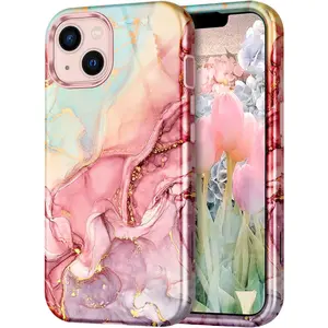 Compatible with iPhone 13 Case, Marble Pattern 3 in 1 Heavy Duty Shockproof Full Body Rugged Hard PC+Soft Silicone Drop Protective Girls Women Cover for iPhone 13 6.1 inch 2021, Rose Gold