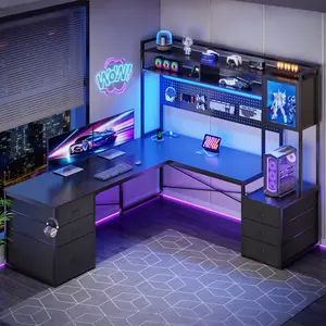 Sedeta Modern L-Shaped RGB LED Lighting Gaming Desk - Wood/Metal Build, Powered Features, File Cabinet Drawer, Storage Shelves, Hutch, Power Outlet, Reversible Layout for 2-Person Use