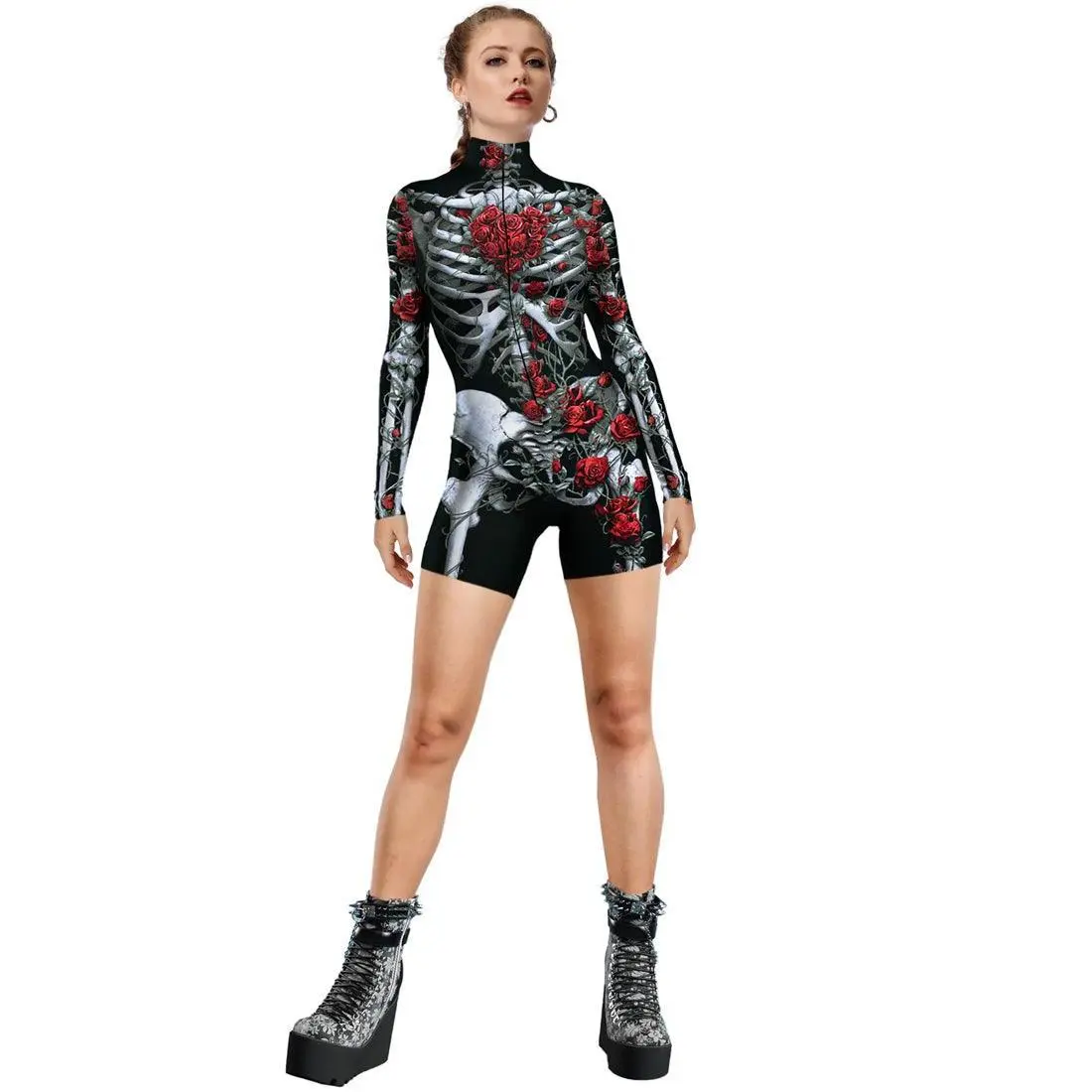 Black Rose Sexy Zip Up Skeleton Romper 1 Pc Costume