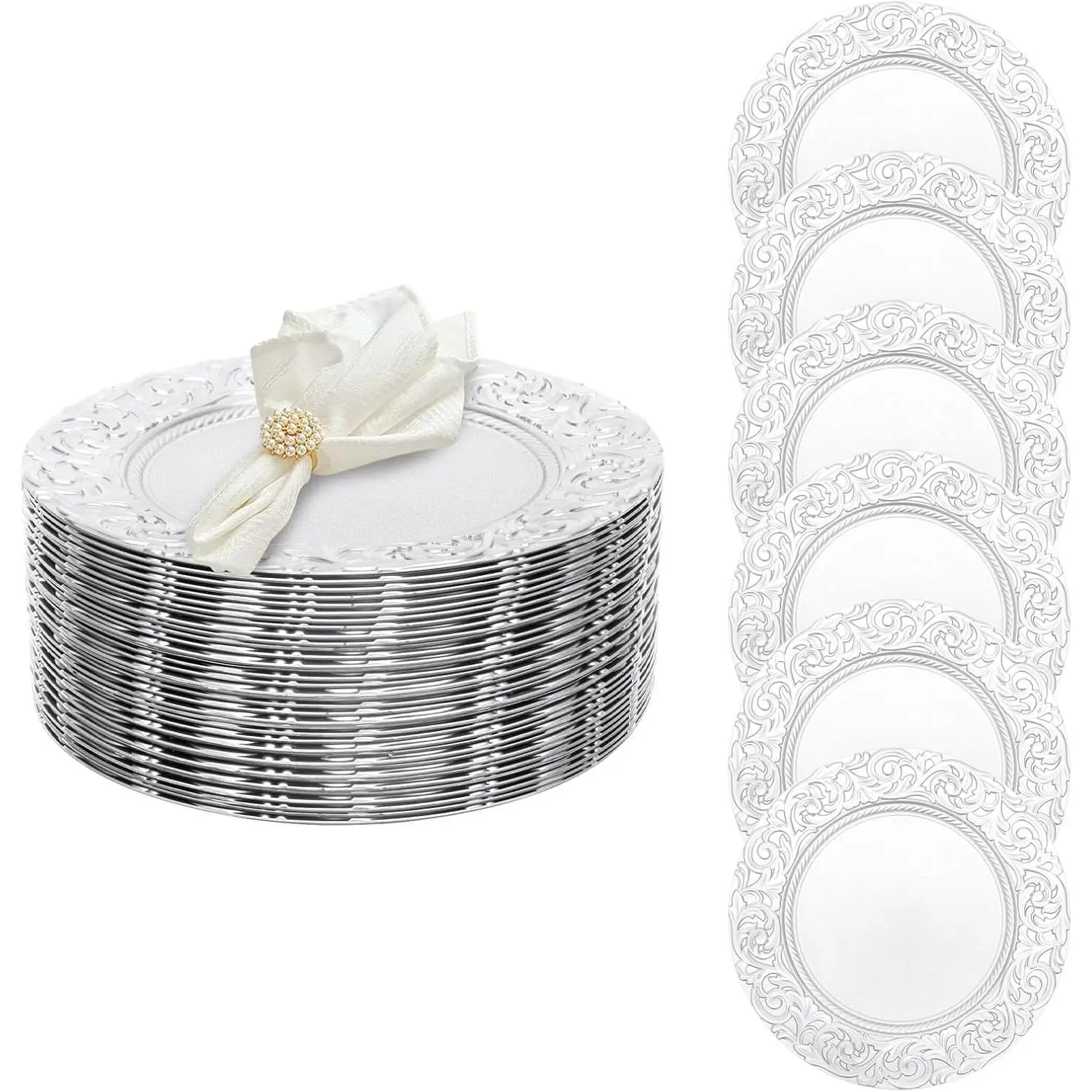 Antique Charger Plates Set, 100 Pcs 13in Plastic Embossed Dinner Plate, Round Phoenix Pattern Elegant Floral Plates for Dinner Wedding Party Event Table Setting Decoration (Silver) Disposable