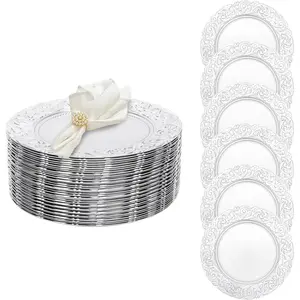 Antique Charger Plates Set, 100 Pcs 13in Plastic Embossed Dinner Plate, Round Phoenix Pattern Elegant Floral Plates for Dinner Wedding Party Event Table Setting Decoration (Silver) Disposable