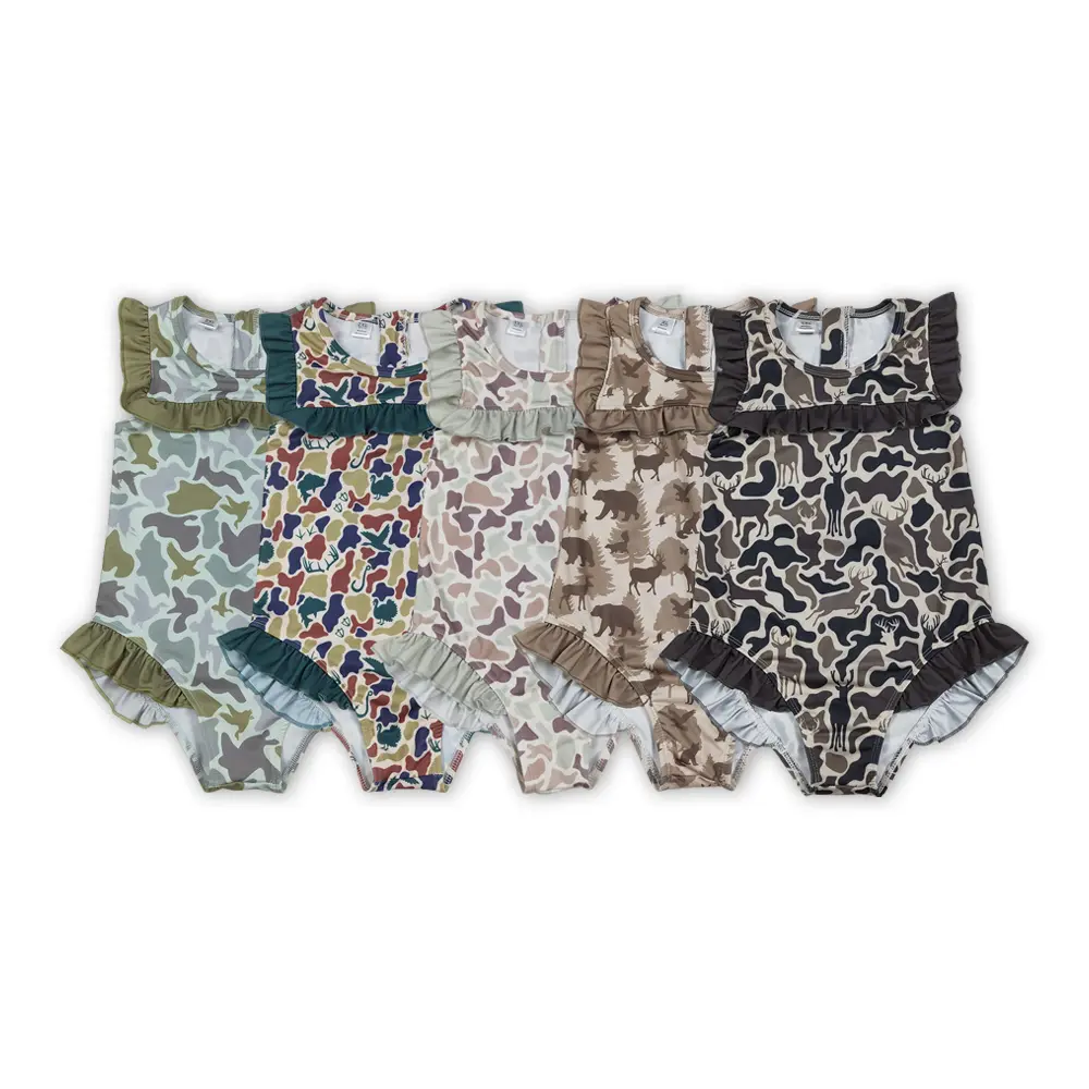 Camo Swimwear Set for Girls, Sporty Kids' Swimwear with Ruffled Skirt, Kids' Swimsuit Set for Sports & Outdoor Activities