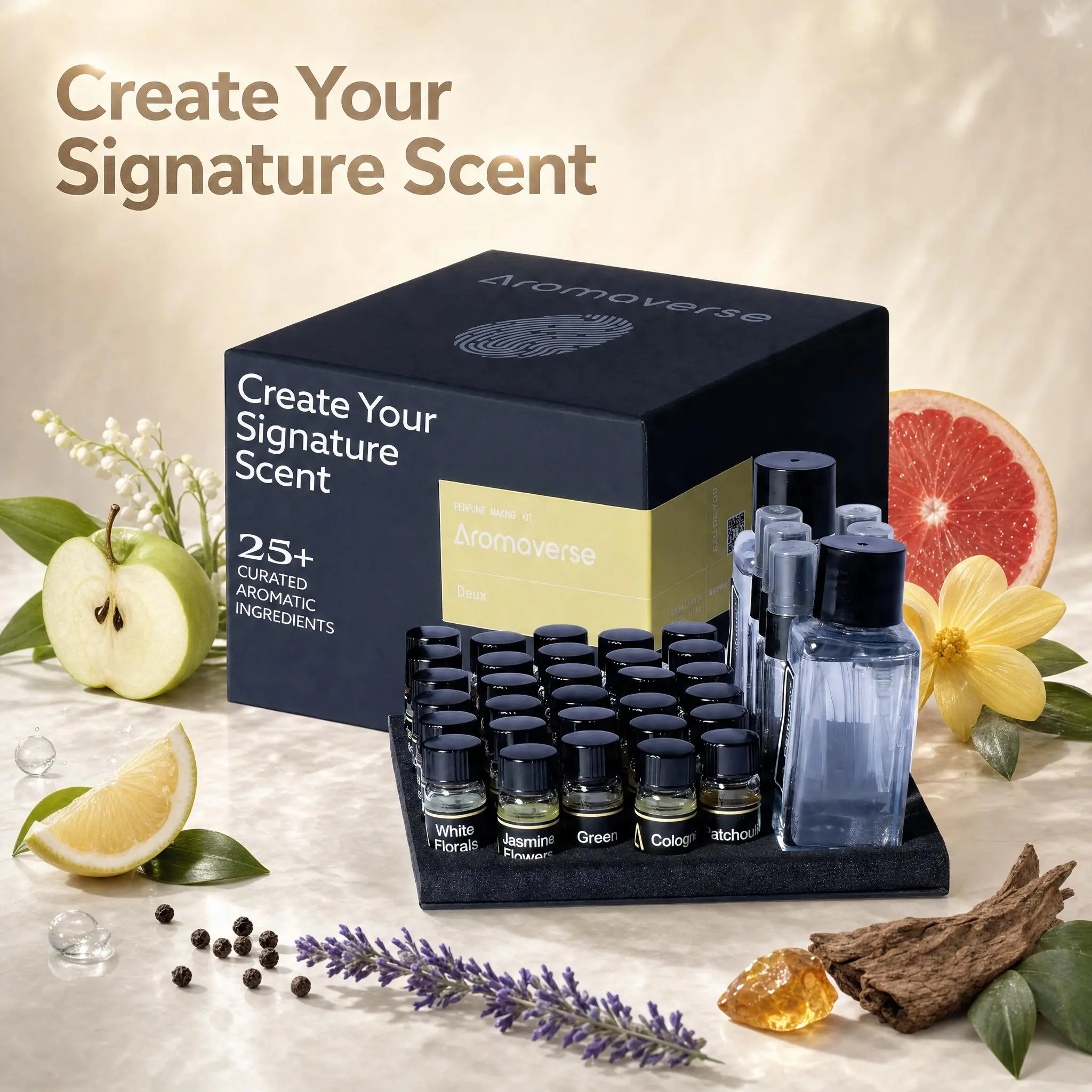 Aromaverse Deux Perfume Making Kit for Women & Men, Make Your Own Signature Scent, A Sensory Niche Perfumery Atelier Experience, 25 Couture Ingredients, 6 Recipes, Relaxing Self Activity, Date Night, Artisan Luxury DIY Kit Distinctive Fragrance Fragrance