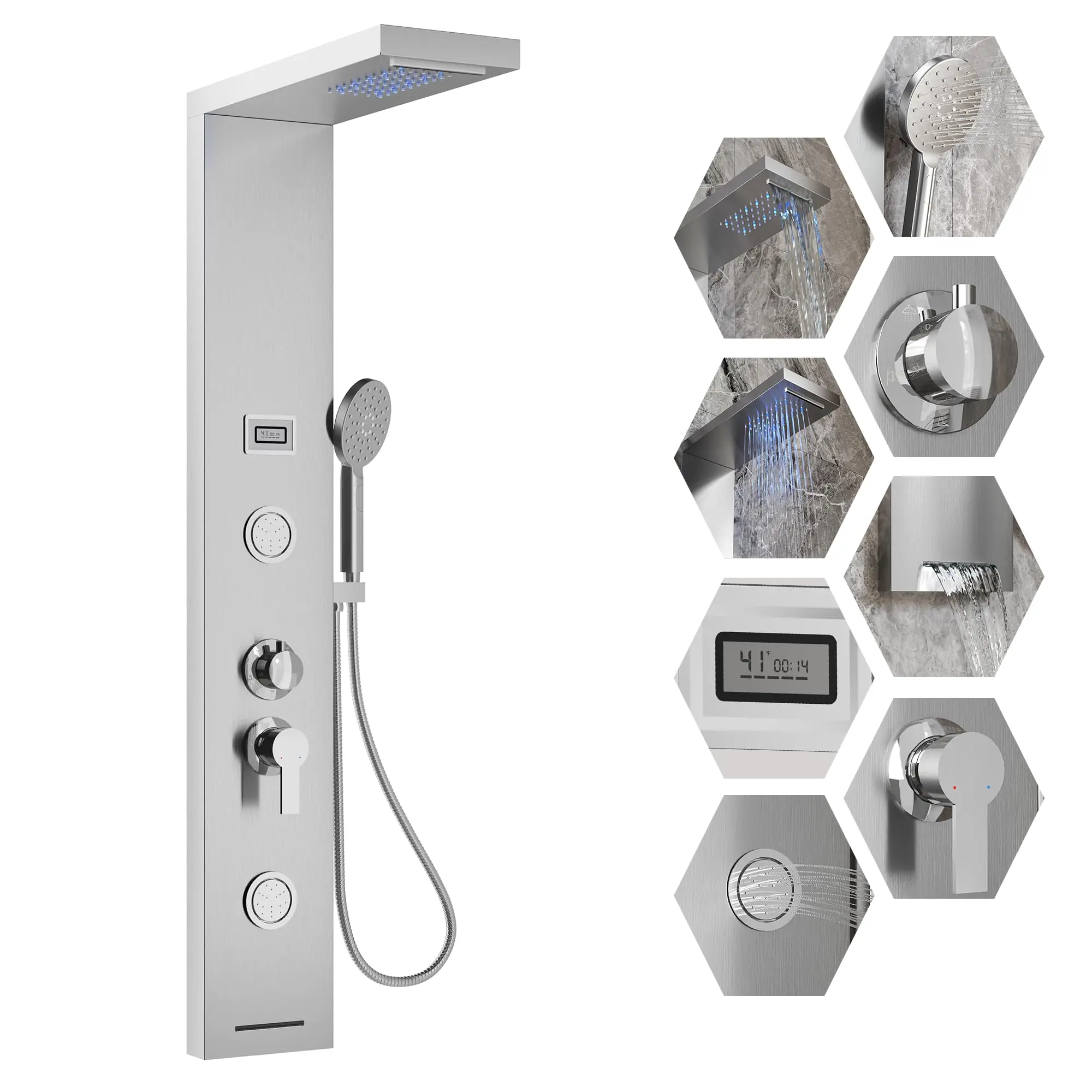 Upgrade to a spa-like shower with this 304 stainless steel panel tower. It features water-powered LED lighting, a real-time temperature display, and three shower functions including rainfall, body jets, and a handheld sprayer.