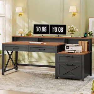Sedeta 55-Inch Farmhouse Sturdy Wood Workstation Home Office Desk - 4 Storage Drawers, Power Outlet, LED Lights, Storage Shelves, Printer Cabinet, Monitor Shelf (Versatile for Gaming, Office Use), Home Office Desks