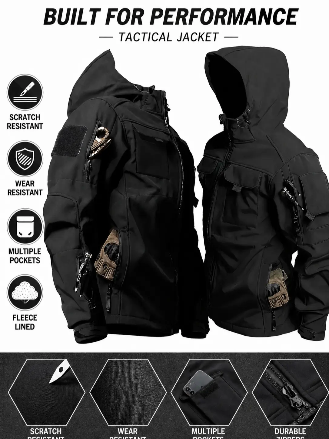 100% polyester fleece hooded tactical jacket with multiple pockets — outdoor waterproof, windproof, warm workwear jacket for men; softshell fleece hooded jacket; 100% polyester, wear-resistant, waterproof, windproof, multifunctional warm outdoor commuter