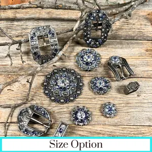 Antique Silver Light Sapphire, Clear, and Lilac Crystal Conchos - Sizes from 1"- 3" and Buckles