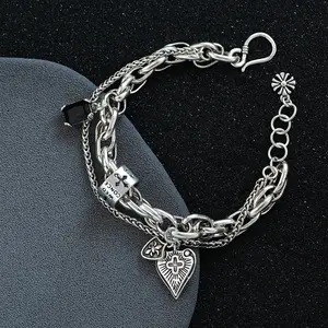 925 Sterling Silver Bracelets for Women Men String Accessories Trend Vintage Heart Cross Shape Pendant Party Jewelry Gift