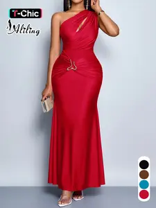 Aliling Women's Plain Slim-Fit Long Bodycon Dress, Sexy Asymmetrical Neckline Metal Decor, All-Seasons Wearable Fashion, Asymmetrical Design Dress